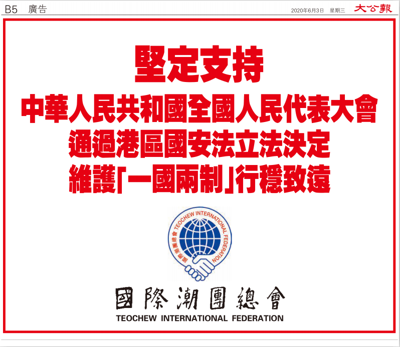 國際潮團總會堅定支持中國全國人大常委會制定「港區國安法」